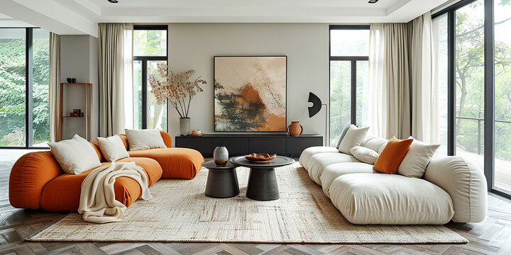 Minimalist home interior design of modern living room with orange sofa.