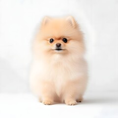 Fototapeta premium Charming Pomeranian Puppy Against White Backdrop Perfect for E commerce and Promotional Content