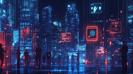 Fototapeta premium Futuristic Cityscape with Neon Lights and Digital Displays at Night