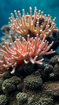 A cluster of orange coral with white tips. The coral is on a brown rock