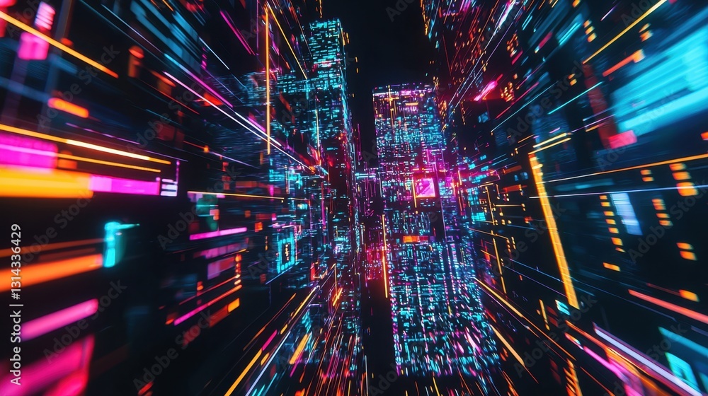 Aufkleber 3d earth in a futuristic data transfer scene, illuminated by bright neon lines, pulsating with globa