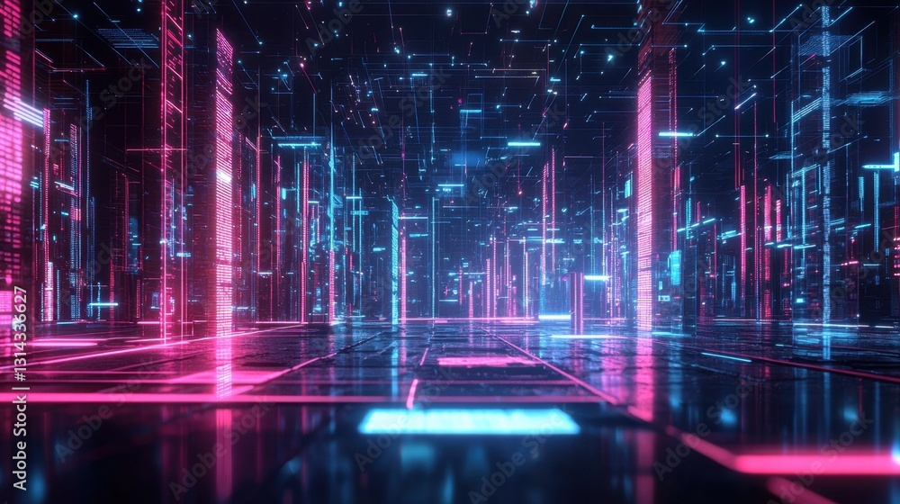 Aufkleber 3d earth in a futuristic data transfer scene, illuminated by bright neon lines, pulsating with globa