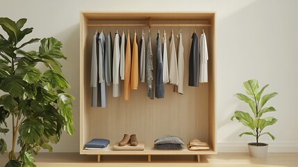 Organized wooden wardrobe with clothes and plants