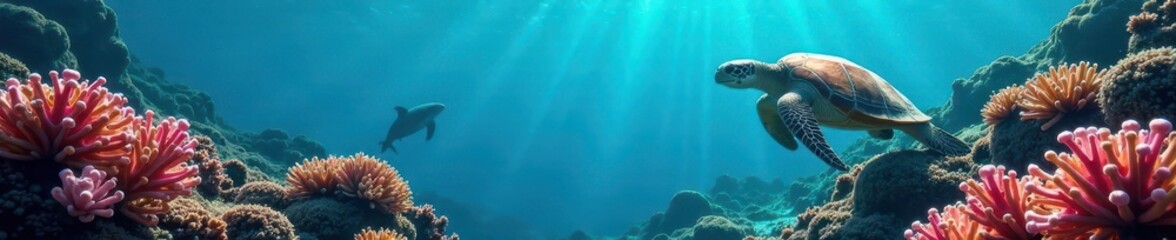 Fototapeta premium Graceful dolphin and serene turtle share a coral reef habitat, ocean scenery, underwater scene, nature