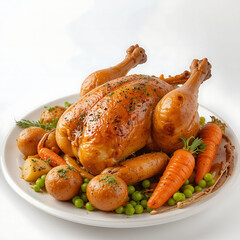 Top view, white circular plate of a traditional roast chicken with roast potatoes, roast carrots, peas realistic food photography, isolated on a white background
