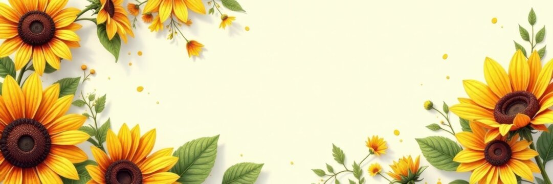 Hand-drawn sunflower corner border, whimsical style, frame, design