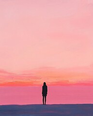 Fototapeta premium woman standing on bridge at sunset, looking at horizon, pastel pink sky