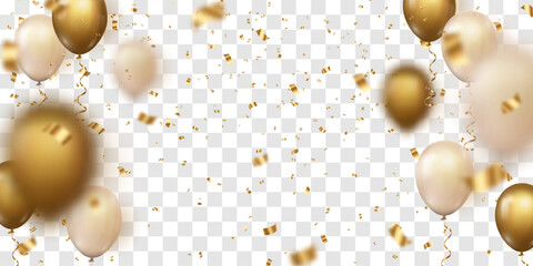 Festive confetti and flying balloons png. Golden bright confetti falls. Vector celebration background with confetti and 3d helium balloons. Holidays and Birthday. Isolated on transparent background. © Leonid