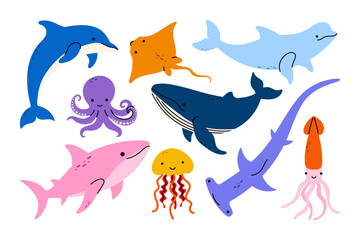 Set of colorful marine animals: dolphin, whale, shark, octopus, jellyfish, stingray, squid, and hammerhead. Perfect for kids, ocean-themed designs, and educational materials.
