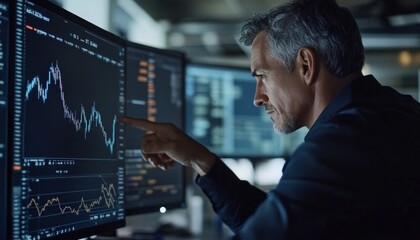 Experienced businessman analyzing stock market trends on computer screen in modern office space