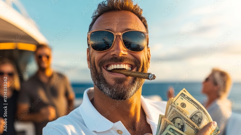 Poster man is holding a cigar and a stack of money. he is smiling and he is enjoying himself