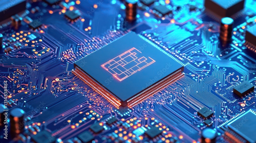 Poster close up of a microchip on a computer circuit board with blue and orange illumination
