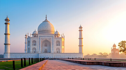 Sunrise Illuminates The Taj Mahal White Marble Mausoleum With Golden Light In Agra India