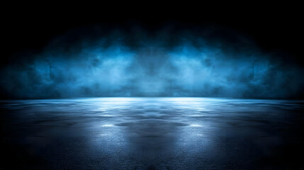 Dark Empty Scene With Blue Neon Spotlight Smoke Fog And Wet Asphalt Floor Reflecting Light In Futuristic Urban Background