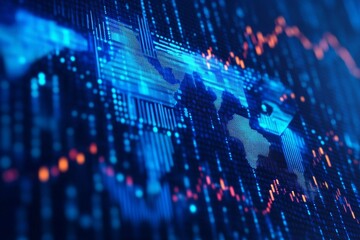 Dynamic digital background with ascending arrow, world map, and financial graphs in blue theme