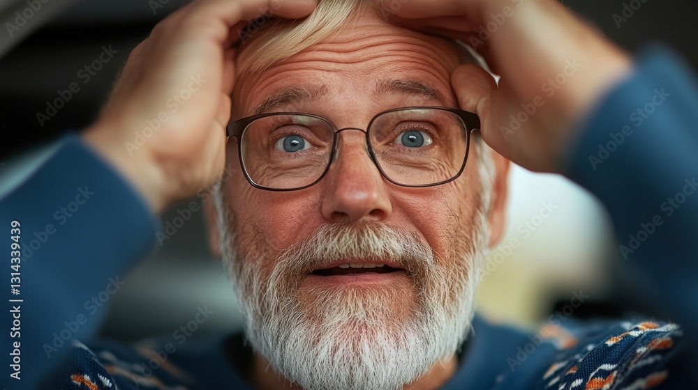 Poster man with glasses and a beard is looking at something in the car. he is surprised or confused