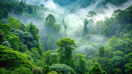 Dense foliage surrounded by towering trees with vibrant green leaves and a misty atmosphere, creating a peaceful ambiance in nature, forest landscape, woodland