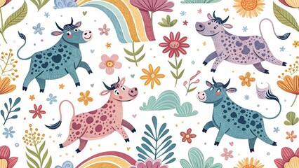 Happy Cows Whimsical Silhouette Pattern Background