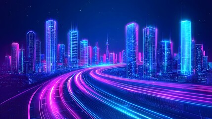 Futuristic Neon City Skyline with Glowing Road Leading to Digital Progress