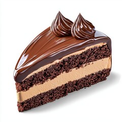 A delicious chocolate cake slice with creamy layers and a glossy chocolate topping, garnished with swirls of chocolate frosting.