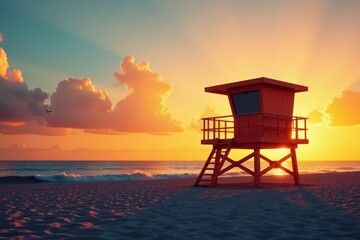Lonely lifeguard tower at sunset, empty beach , unoccupied, golden hour