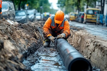Construction worker laying water pipe on city street under repair with engineer and traffic nearby