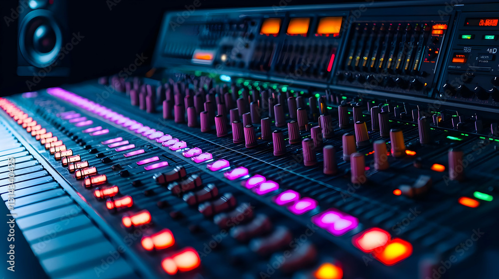 Aufkleber professional audio mixing console with illuminated controls in a dark recording studio setting