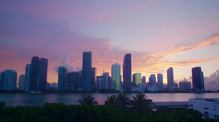 Vibrant Miami Cityscape at Sunset Overlooking Biscayne Bay With Colorful Skyline and Pink and Purple Sky