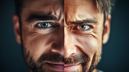 Obraz premium Two men's faces are shown side by side, one with a frown and the other with a smile. Concept of contrast and comparison between the two expressions