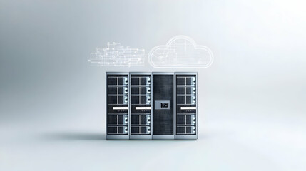 Four Server Racks With Glowing Cloud Symbol and Data Flow Lines on White Background Representing Cloud Computing Technology