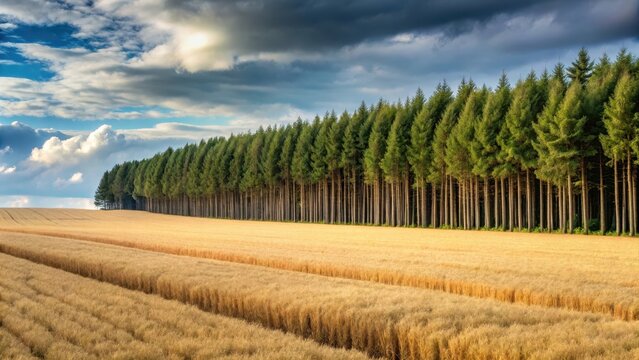 Forest rows, providing windbreak for a wheat field, wheat field, farmland