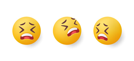 Fototapeta premium Set of 3d emoji. Stickers with upset face expressing sadness emotion. Round yellow emoticons for communication in social networks. Realistic vector illustration collection in plasticine style