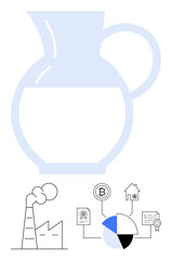 Large translucent jug above factory emissions, Bitcoin transaction, housing loan, certification, and pie data analysis. Ideal for sustainability, finance, economy, environment energy investments