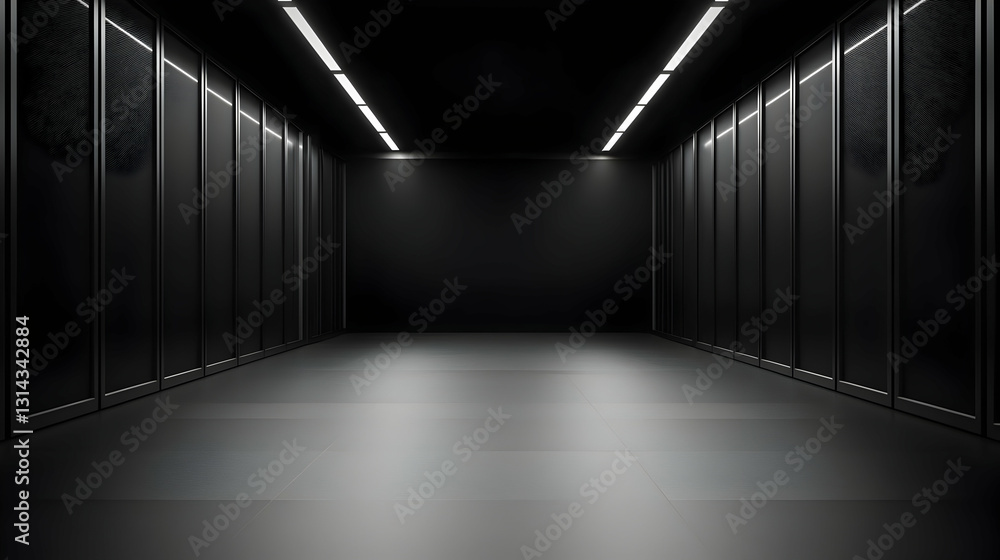 Poster dark server room with illuminated floor and metallic servers futuristic technology center with persp