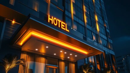 Modern hotel entrance at night, illuminated signage. (1)