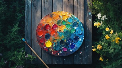 Obraz premium Vibrant Color Palette on a Wooden Surface Surrounded by Greenery and Flowers in Natural Light for Art and Creativity Themes
