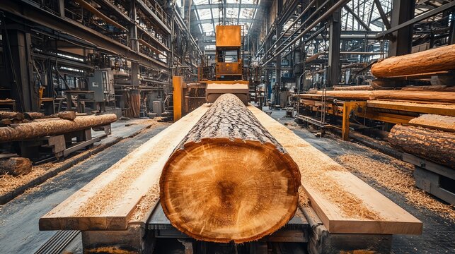 A modern sawmill with large wooden logs being processe
