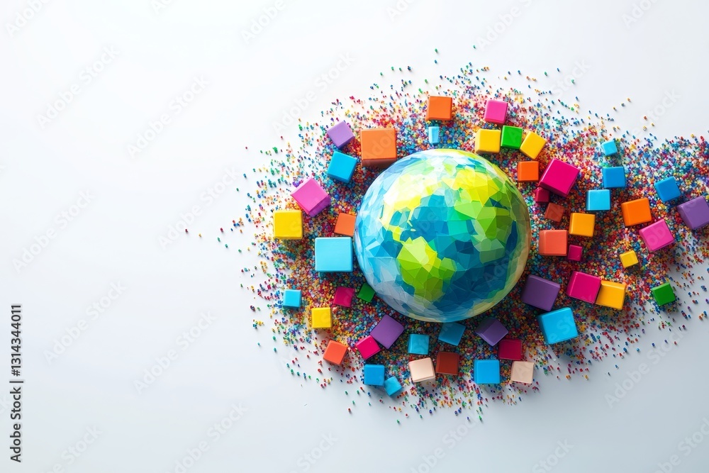 Aufkleber abstract representation of earth surrounded by colorful blocks and geometric network concept