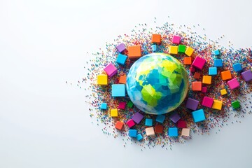 Abstract representation of earth surrounded by colorful blocks and geometric network concept
