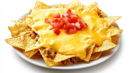 Plate of Freshly Baked Nachos Topped with Melted Cheese and Diced Tomatoes on a White Background Ready for a Delicious Snack or Party Platter