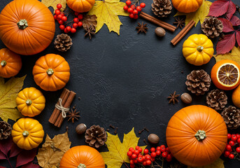 Pumpkins and Fall Decoration Still Life Arrangement on Dark Background