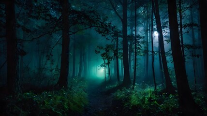 Obraz premium Enchanting Moonlit Forest Path Mystical Night Woods