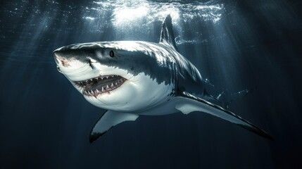 Naklejka premium Majestic Great White Shark Gliding Through Sunlit Ocean Waters with Dynamic Shimmering Light and Dark Background for Underwater Adventure Themes
