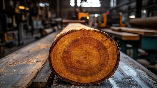 A modern sawmill with large wooden logs being processe