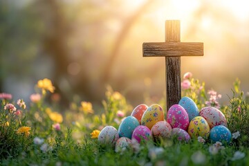 A Christian cross with colorful Easter eggs beside it, symbolizing faith, resurrection, and the joy of Easter celebration.