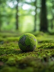 Fototapeta premium A vibrant, close-up image of a green sports ball resting on a soft carpet of moss in a lush forest environment. The ball is centrally positioned and contrasts vividly with the surrounding natural