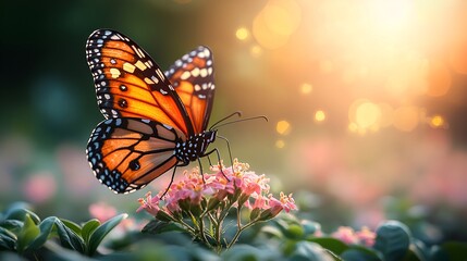 Fototapeta premium Monarch Butterfly on Flower in Sunlit Garden