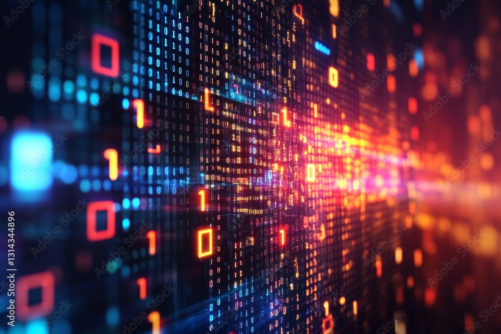 Aufkleber Abstract technology background featuring computer code and binary numbers in a dark office setting
