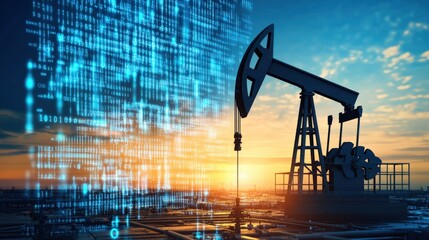 Oil pump jack silhouette against a vibrant sunset with digital data overlay, symbolizing energy innovation
