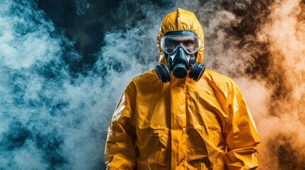Protective Suit with Gas Mask Person in Yellow Hazard Gear Amid Colorful Smoke Background for Safety and Health Related Themes